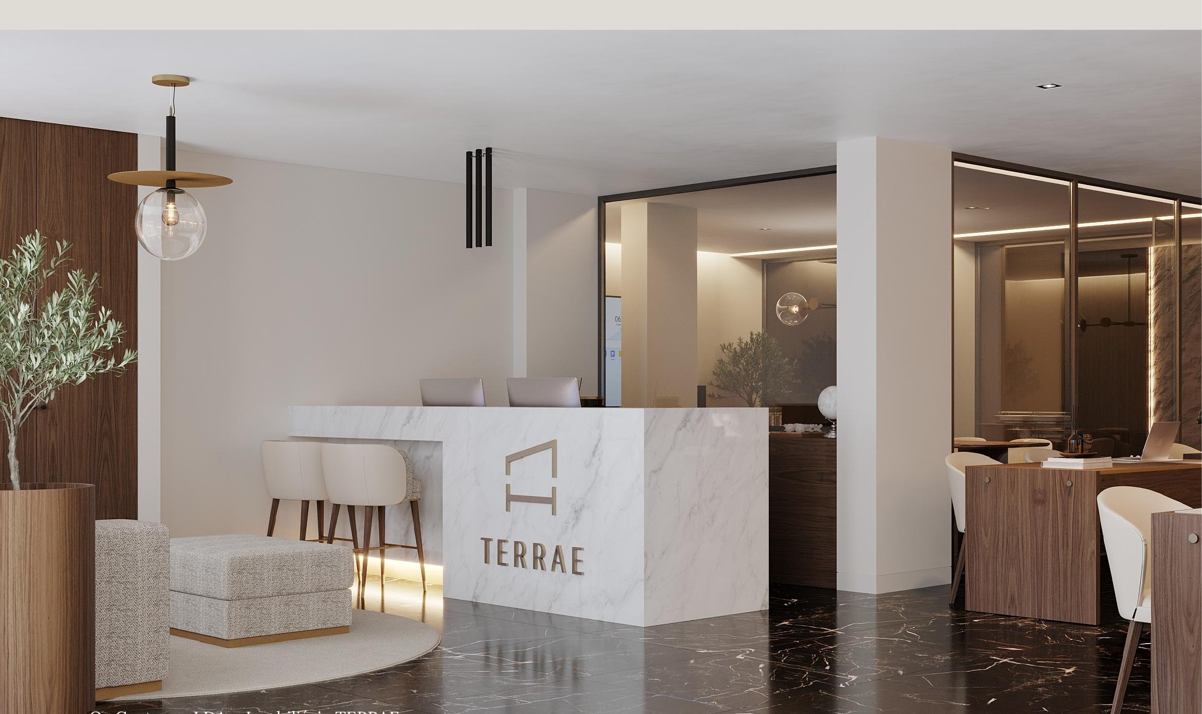 Recepção Terrae · balcão em mármore com logo Terrae